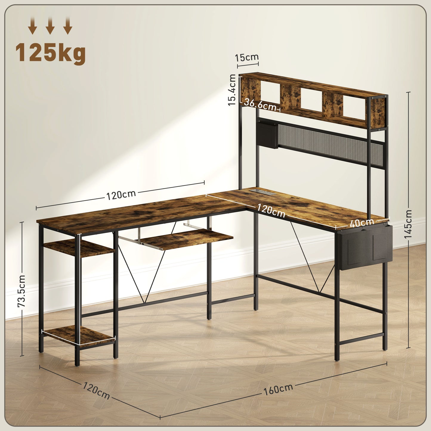 160cm Reversible L Shaped Desk with Power Outlet, Industrial Corner Desk with Storage Shelves and Keyboard Tray, 240cm Long For 2 Person