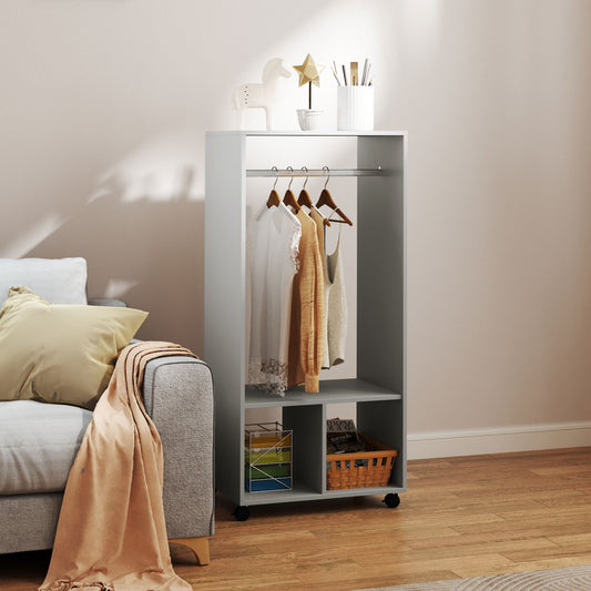 Open Wardrobe for Bedroom, Small Wardrobe on Wheels W/ Clothes Rail, Storage Shelves, Mobile Garment Rack Cloakroom, Hallway, Grey