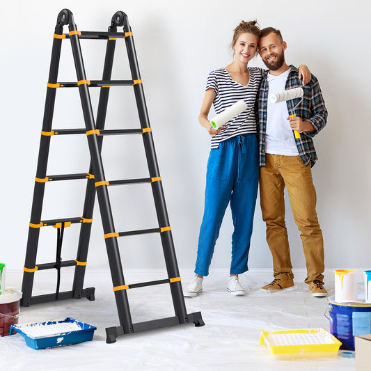 3.8M Duo Aluminium Ladder w/ Tool Holder Herringbone Deployed Extendable DIY w/ 12 Non-Slip Steps, Yellow