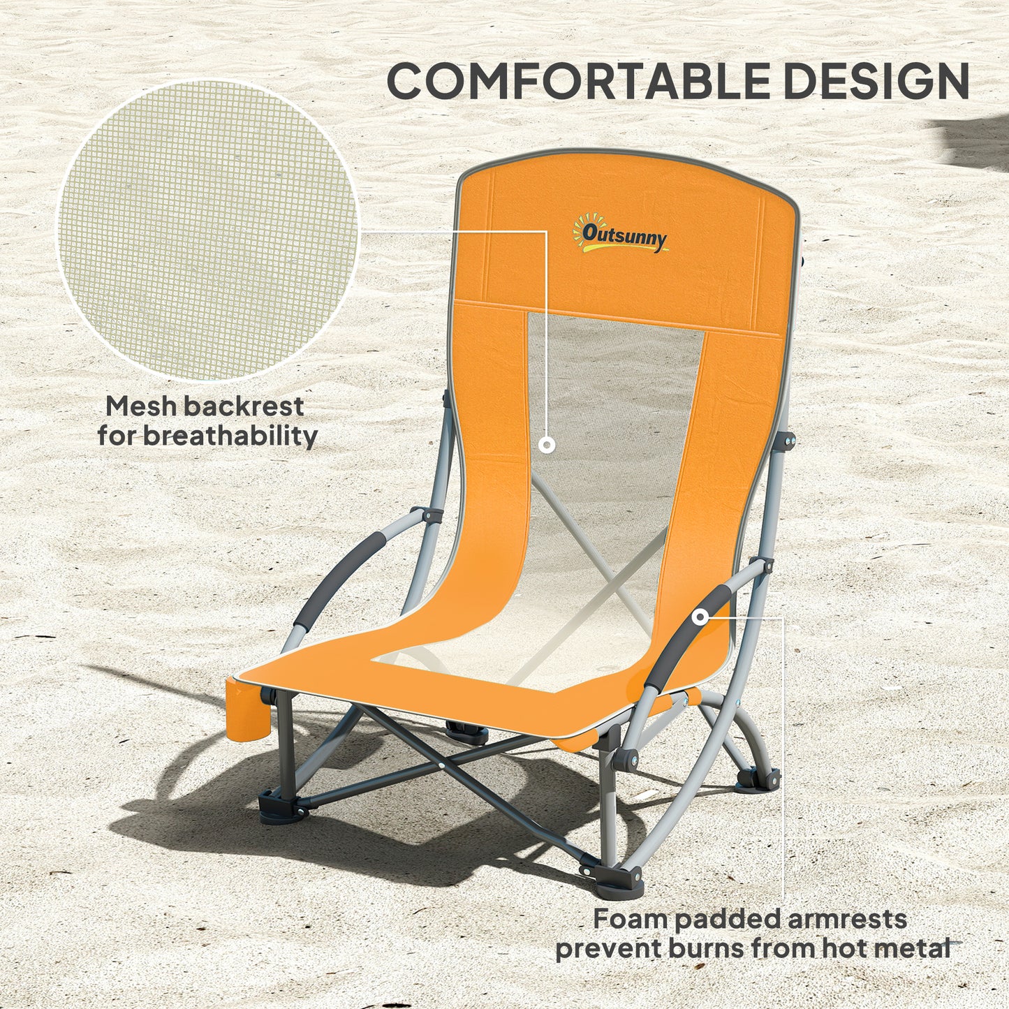 Set of 2 Folding Beach Chair, Low Camping Chair with Mesh Back, Carry Bag and Cup Holder for Garden Outdoor Picnic Festival Travel