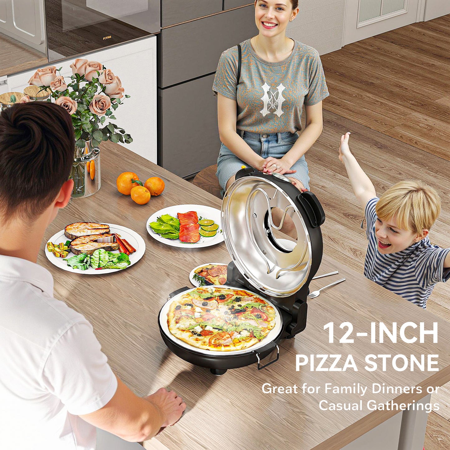 1200W Pizza Oven, 12 Inch Electric Pizza Maker with Viewing Window, Dual Knob Temp & Timer Control, Overheat Protection, Black / Red