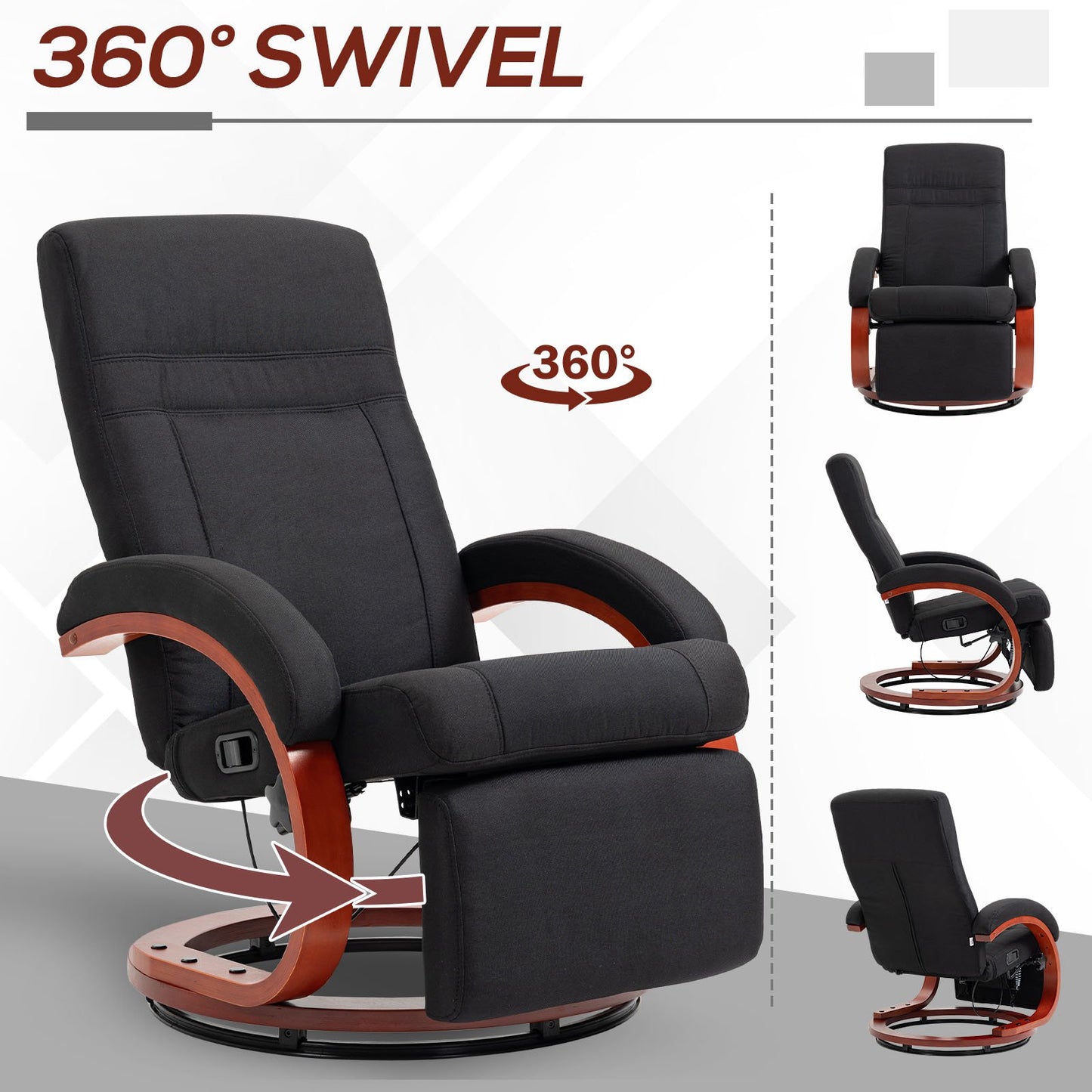 135° Manual Reclining Swivel Chair, with Footrest - Black