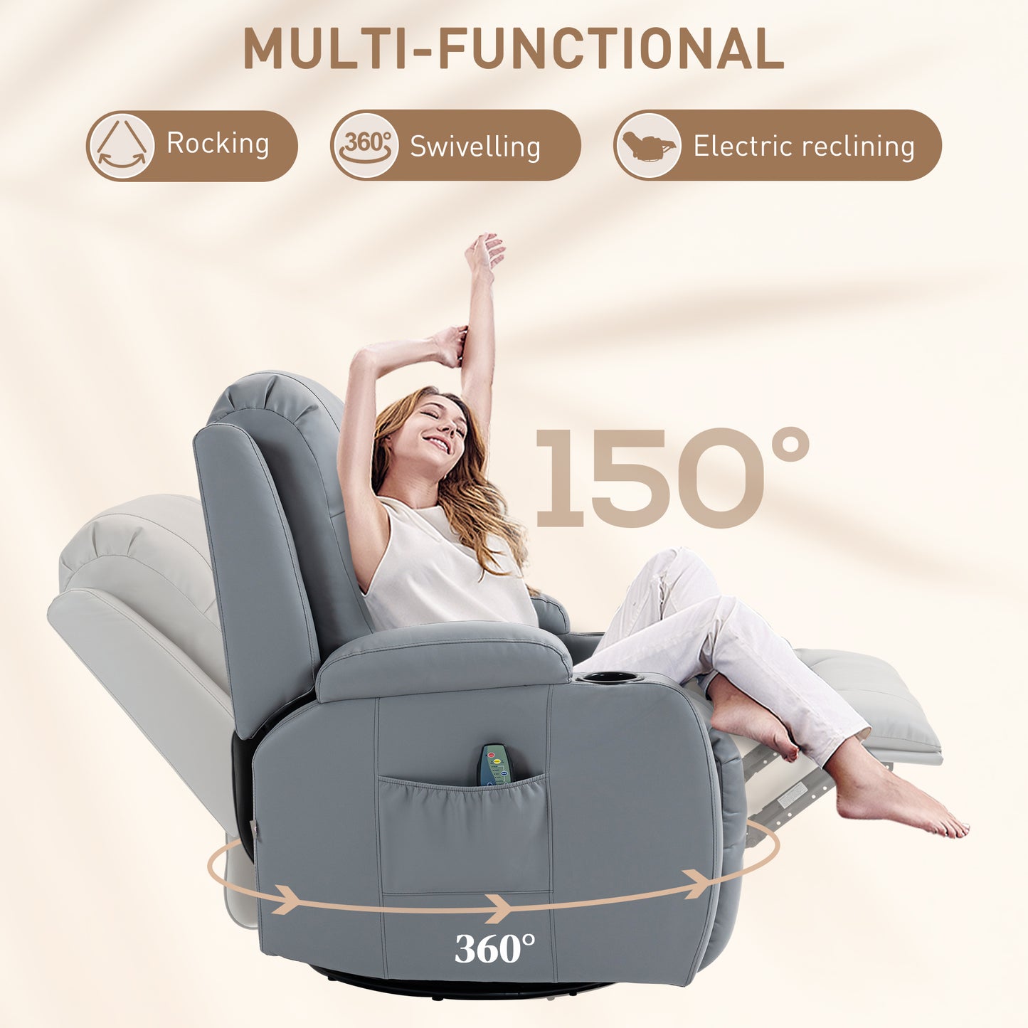 Massage Recliner Chair with 8 Vibration & Heat, PU Leather Recliner Armchair W/ Cup Holders, Side Pockets, Manual Reclining Chair, Light Grey