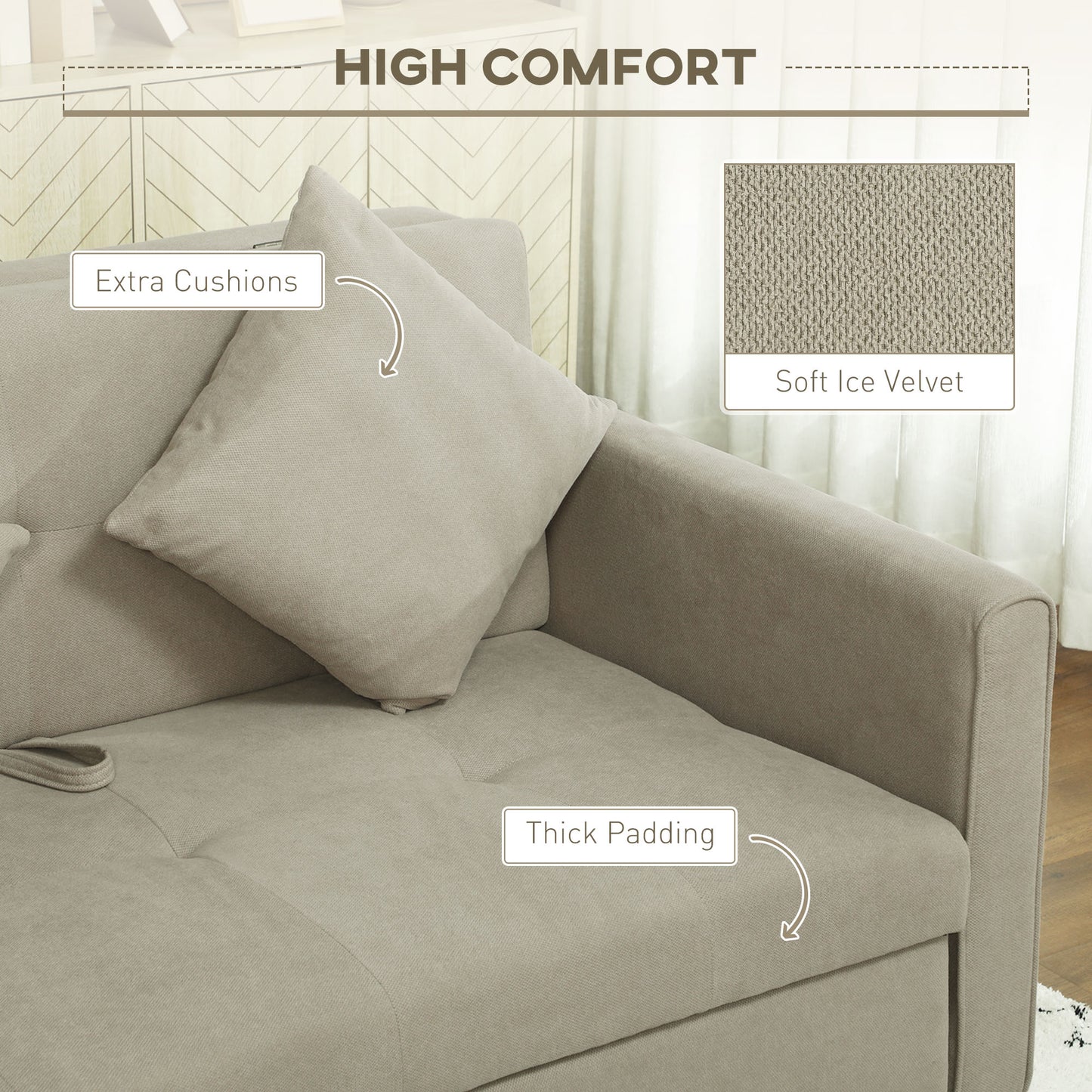 2 Seater Sofa Bed, Convertible Bed Settee, Modern Fabric Loveseat Sofa Couch with 2 Cushions, Hidden Storage for Living Room, Light Brown