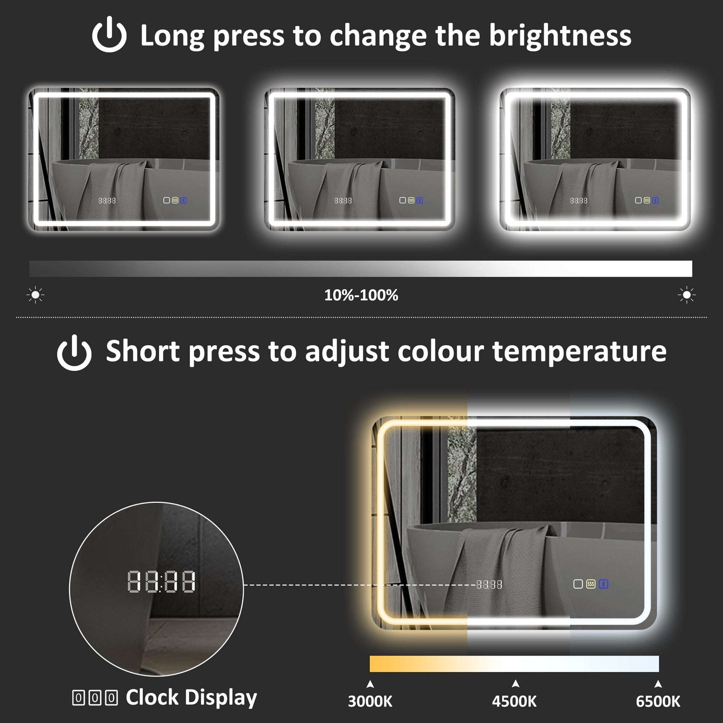 60 x 80 cm Bluetooth LED Bathroom Mirror with Clock Anti-Fog - Silver Tone