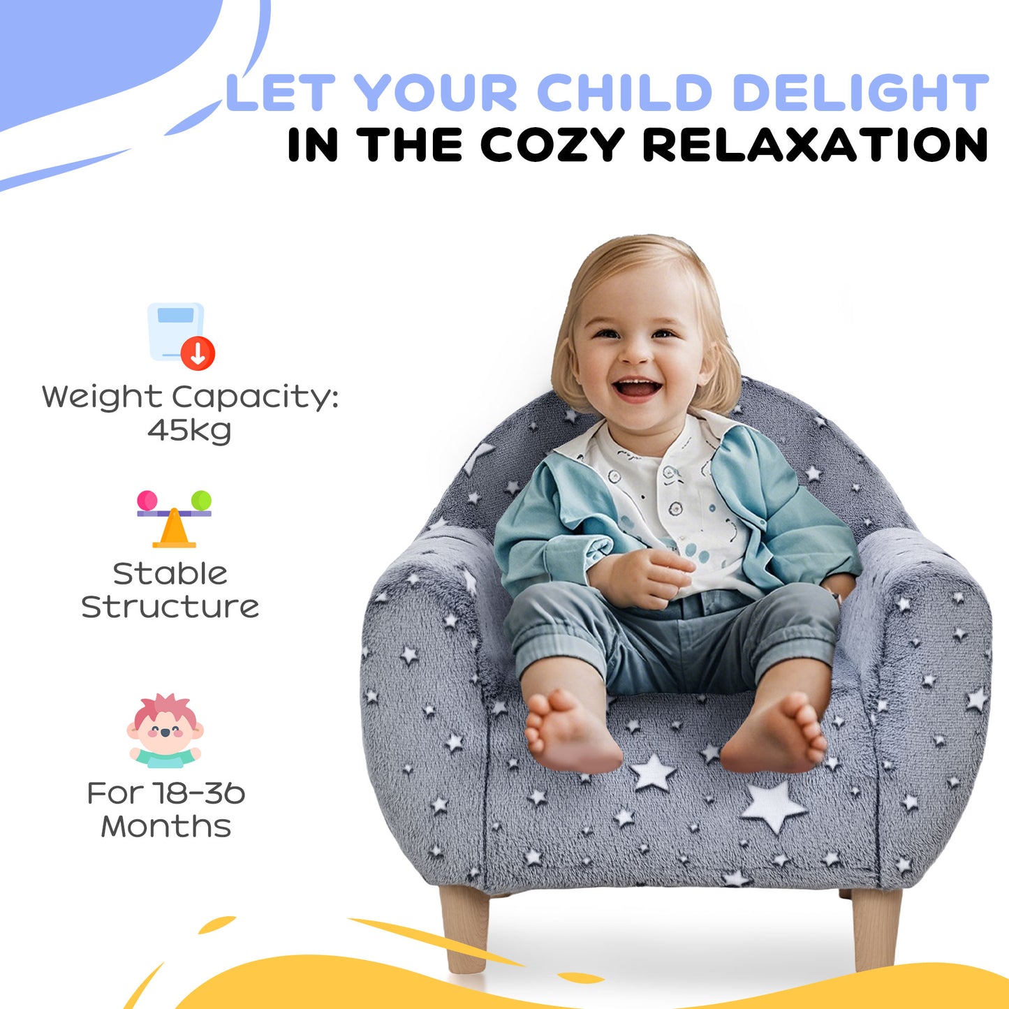 AIYAPLAY Kids Armchair, Glow in the Dark Chair with Star Design for Bedroom, Playroom, Kids Room, Grey / Pink