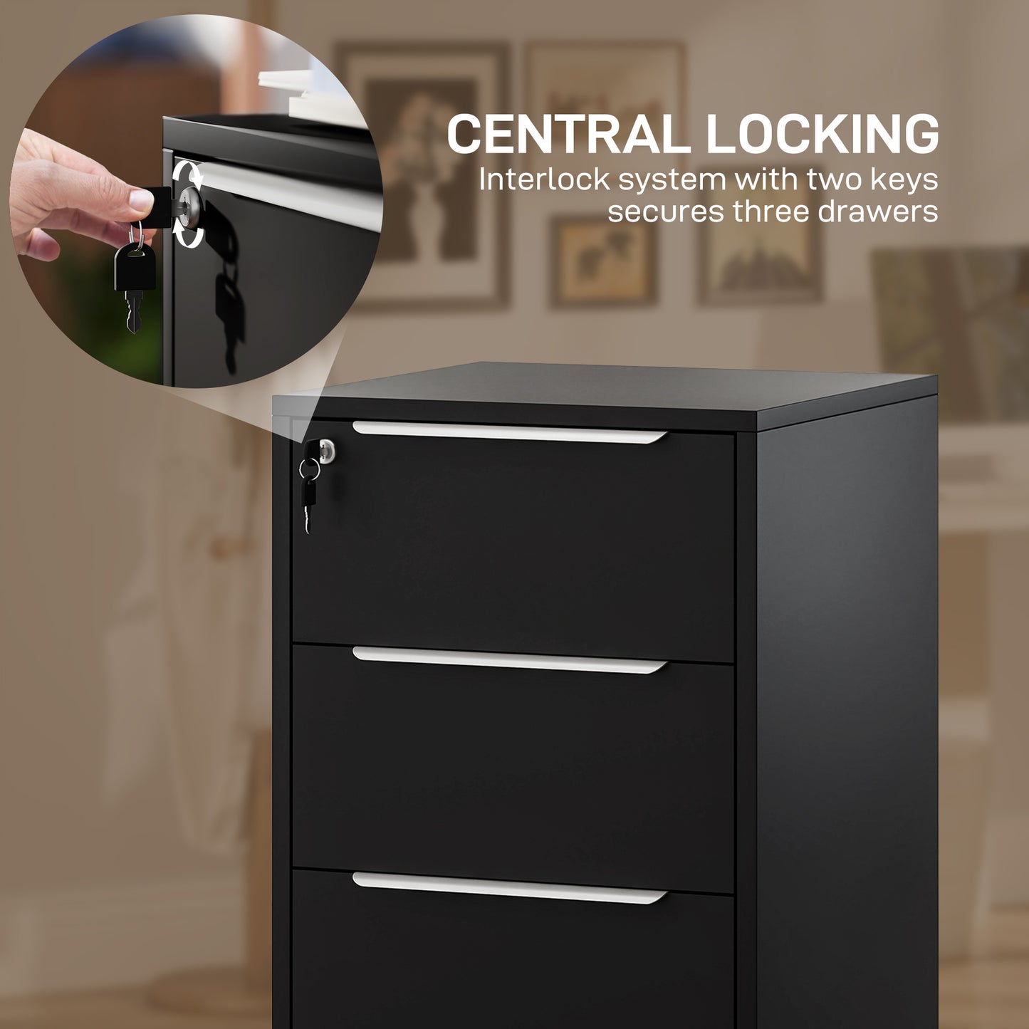Three-Drawer Locking Filing Cabinet Unit - Black