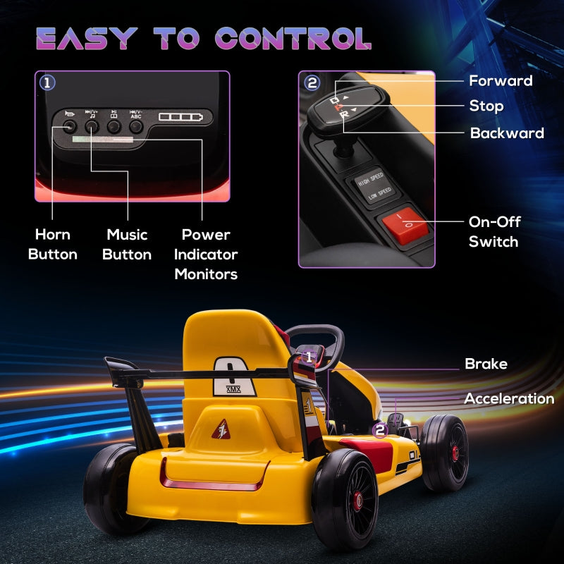 Electric Go Kart with Adjustable Footrest, Reversing Steering Wheel, Kids Ride-On Racing Go Kart with 12V Rechargeable Battery, 2 Speeds, Remote, Light Music Horn, Toy for Boys Girls