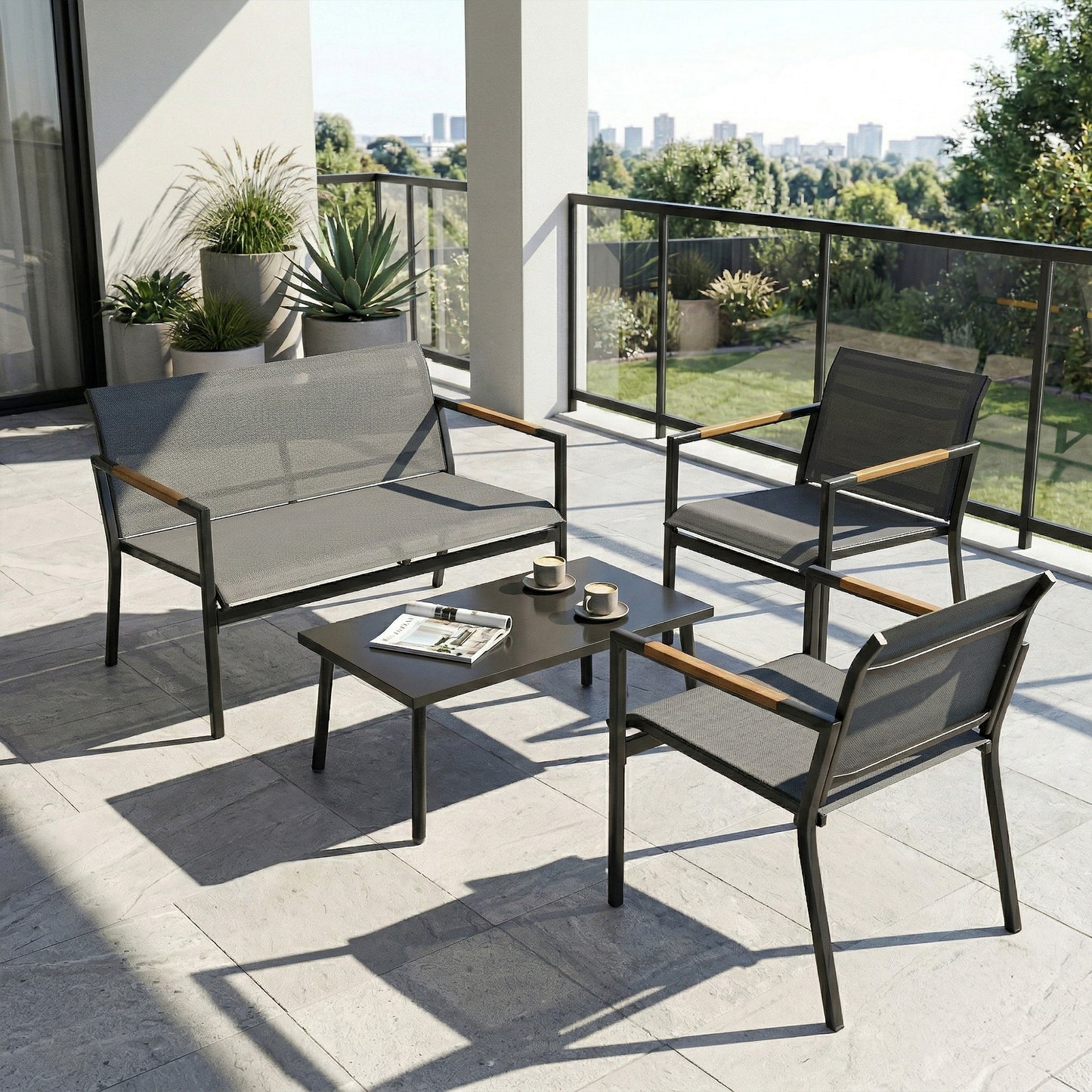 4-Piece Garden Furniture Set | Loveseat, 2 Armchairs & Table | Breathable Mesh | Grey
