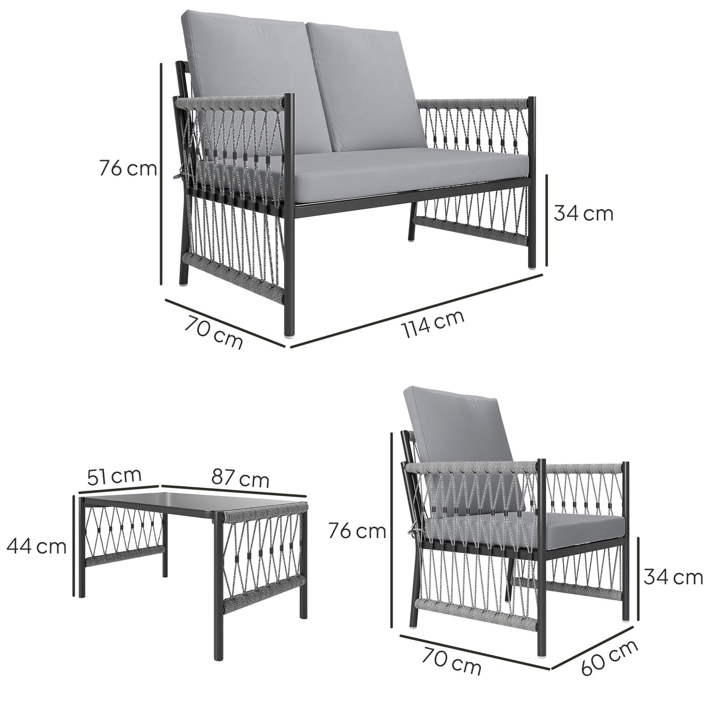 Outsunny 4 Piece Rattan Garden Furniture Set, 4 Seater Wicker Patio Conversation Set with 2 Armchairs, Loveseat, Glass Top Coffee Table and Cushions