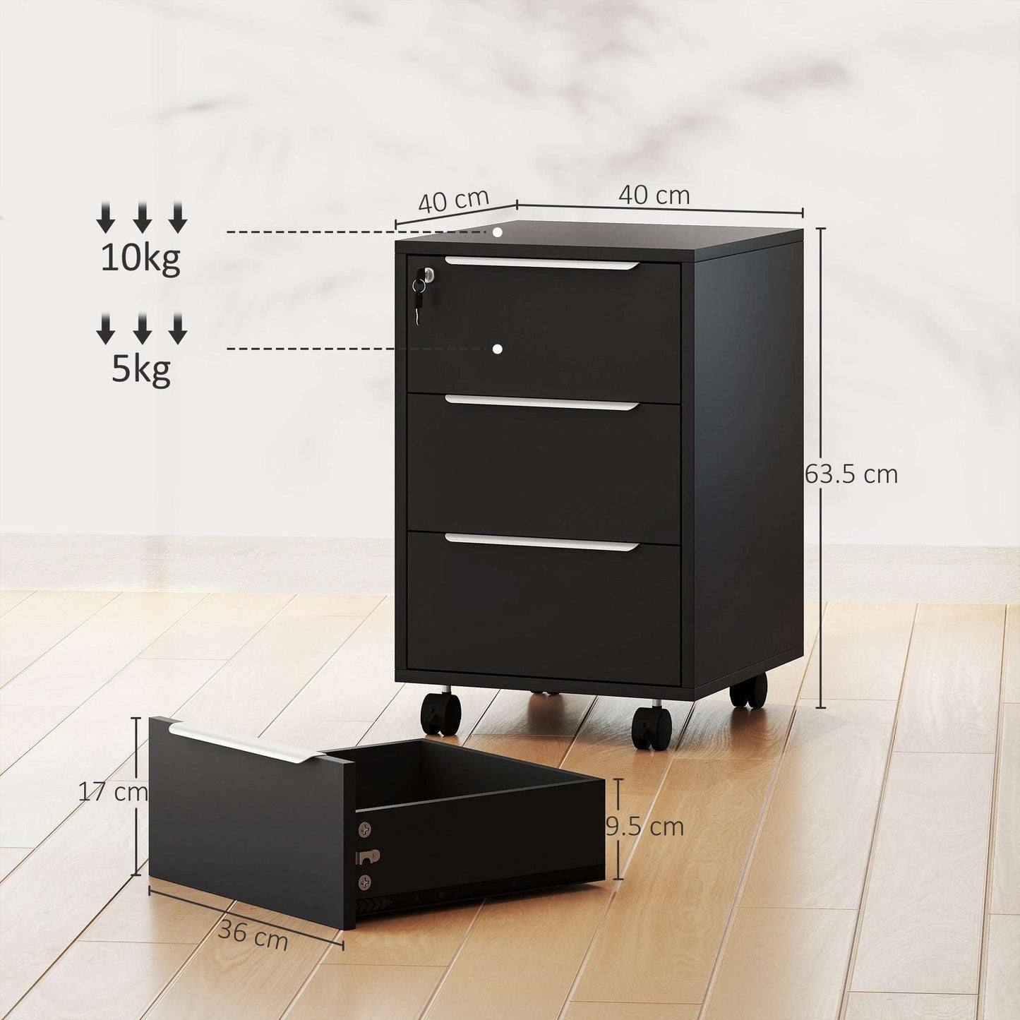 Three-Drawer Locking Filing Cabinet Unit - Black