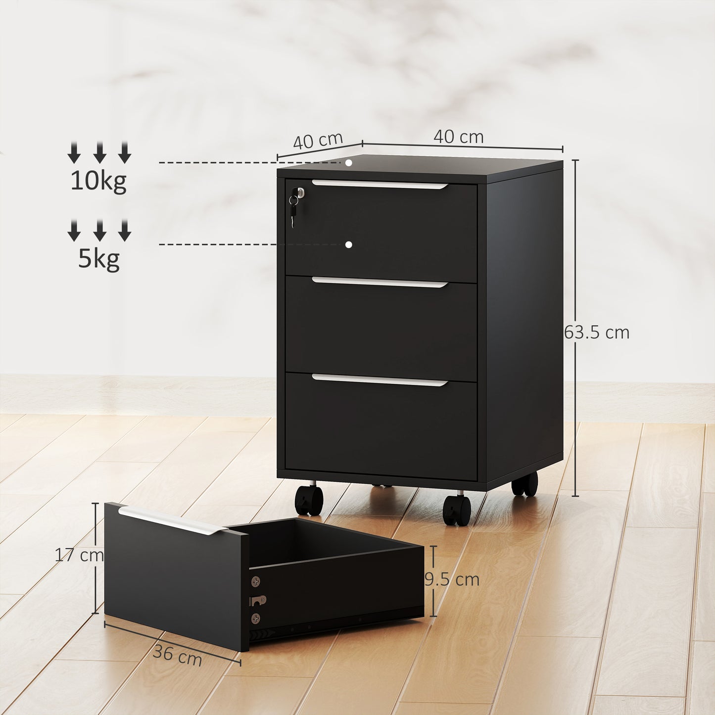 Three-Drawer Locking Filing Cabinet Unit - Black