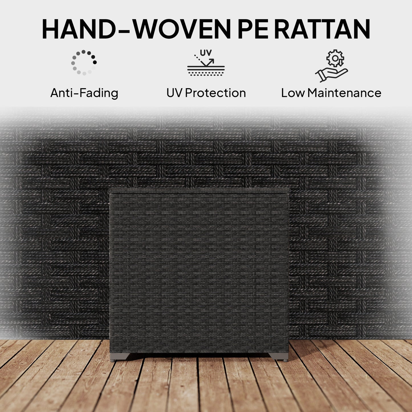 253L Rattan Garden Storage Box | Gas-Assisted Lid | Zipped Liner | Adjustable Feet | 50kg | Black