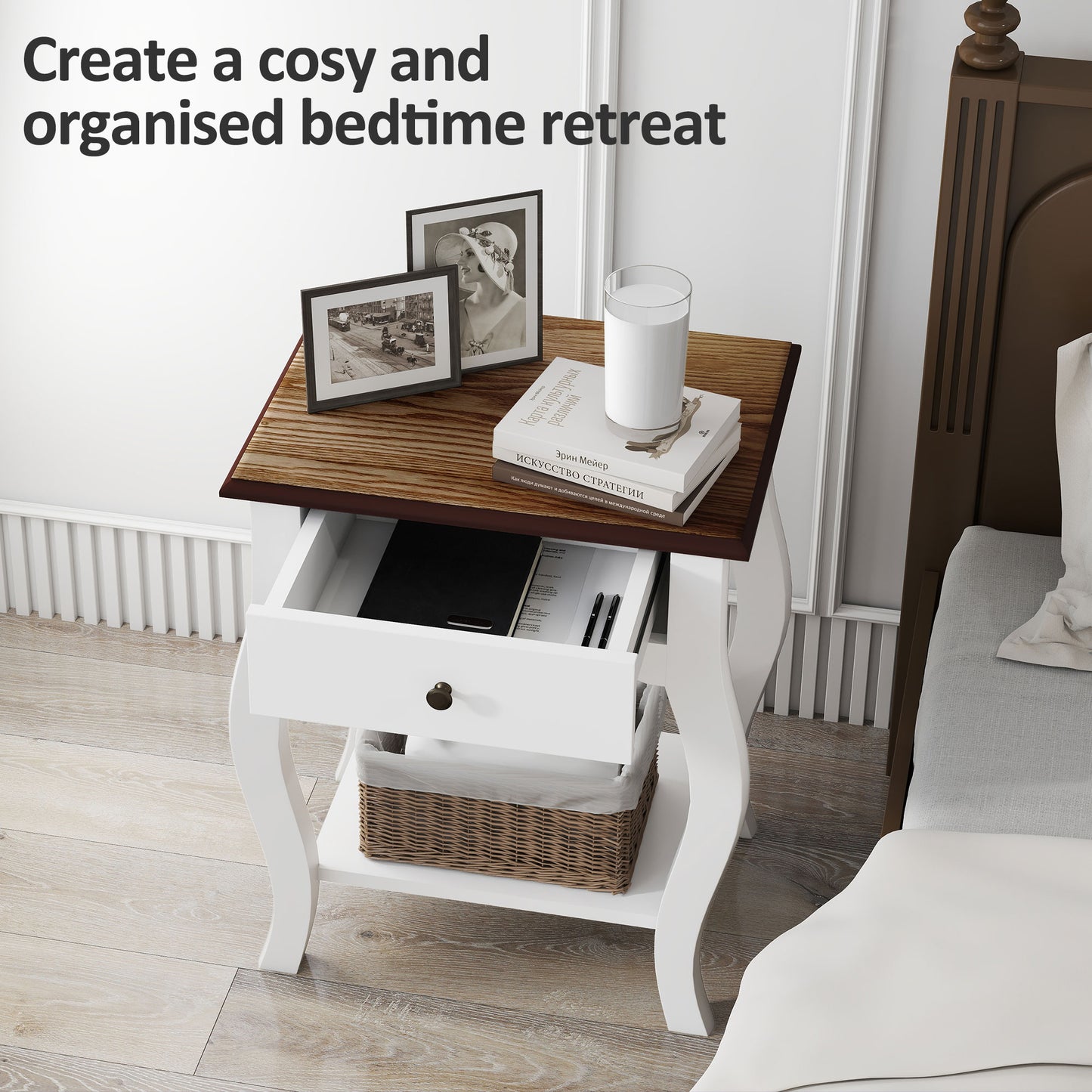 2 Pieces Bedside Tables with Drawer, French Style Bedside Cabinets with Open Shelf for Bedroom, Living Room, White