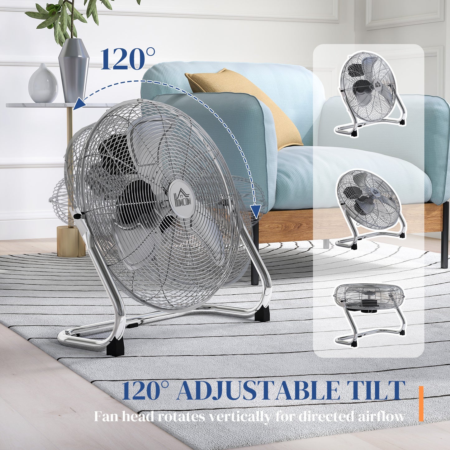 Metal Floor Fan, Electric Portable Desk & Table Fan with 3 Speed Settings and 120° Adjustable Tilt, Powerful Airflow for Home Office, Silver Tone