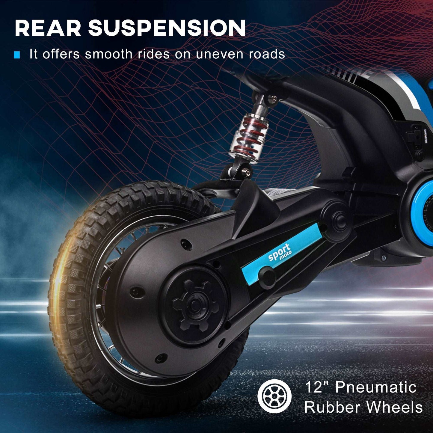 24V Electric Motorbike with Twist Grip Throttle, Music, Horn, 12" Pneumatic Tyres, 16km/h Max Speed - Blue