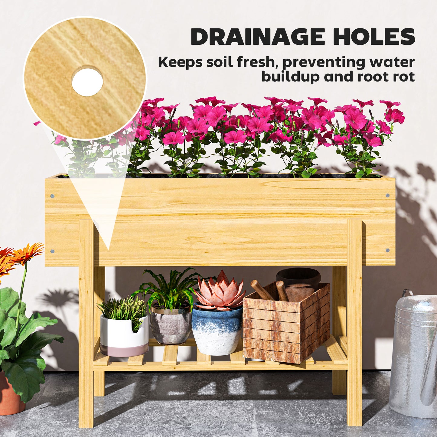 Wooden Raised Garden Bed, Elevated Planter Box with Bed Liner, Drainage Holes and Storage Shelf, Raised Planter for Vegetables, Flowers, Herbs, Natural Wood Finish