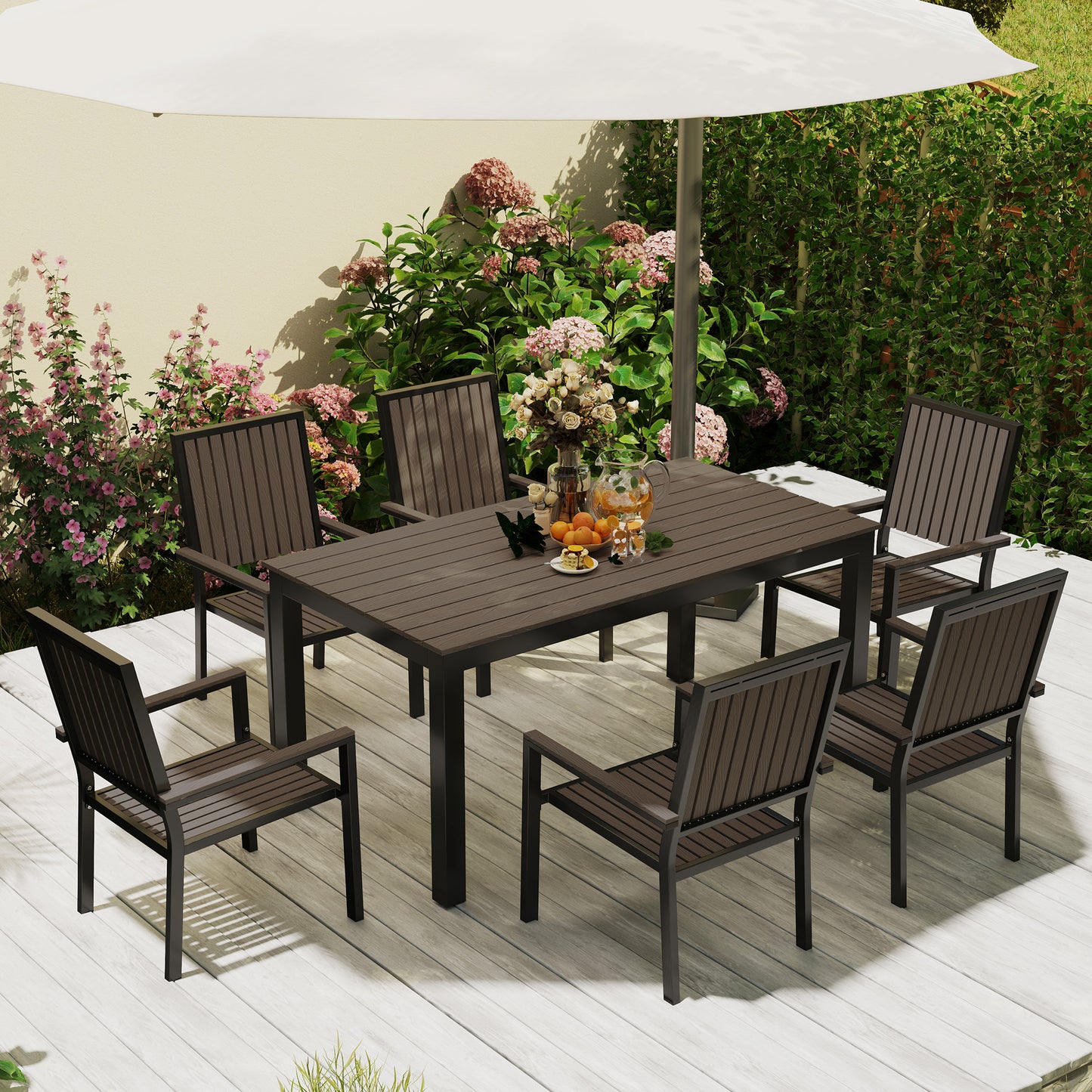 6 Seater Garden Dining Set with Stackable Chairs, Aluminium Frame, Rectangular Plastic Top, Garden Furniture Set, Outdoor Dining Table and Chairs