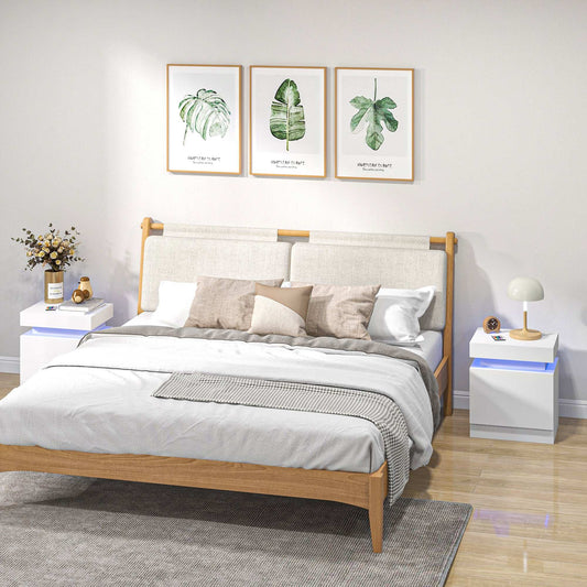 White Bedside Table with LED Light, High Gloss Front Nightstand with 2 Drawers, for Living Room, Bedroom