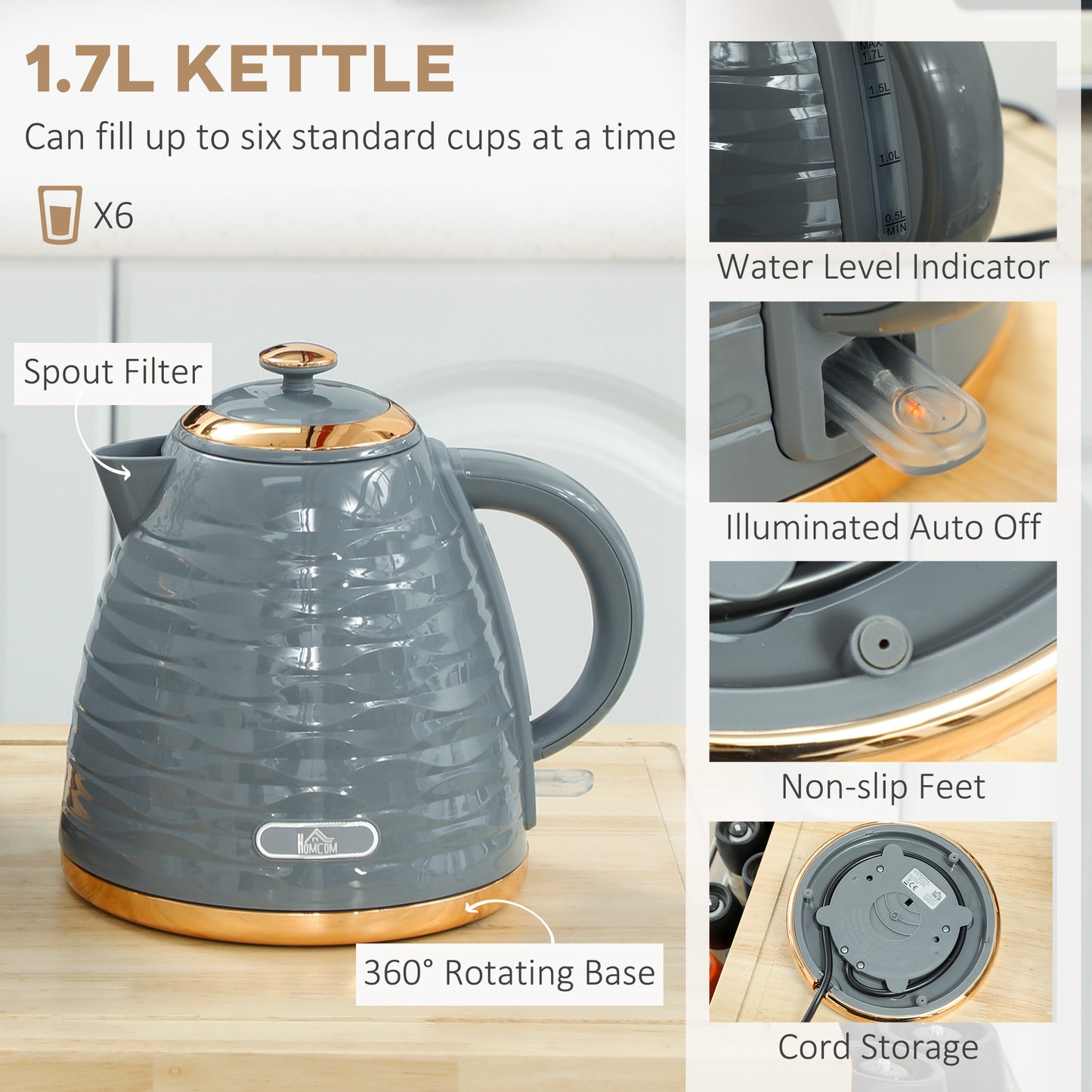 3000W 1.7L Rapid Boil Kettle & 2 Slice Toaster, Kettle and Toaster Set with 7 Browning Controls and Crumb Tray, Grey / Black