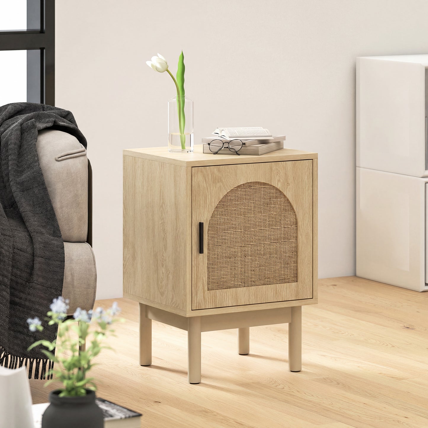 Boho Rattan Bedside Table | Arch Rattan Door | 2-Tier Cabinet | 3-Level Adjustable Shelf | Solid Wood Legs | Non-Slip Pads | 40kg Capacity | 40x35x58cm | Natural Wood