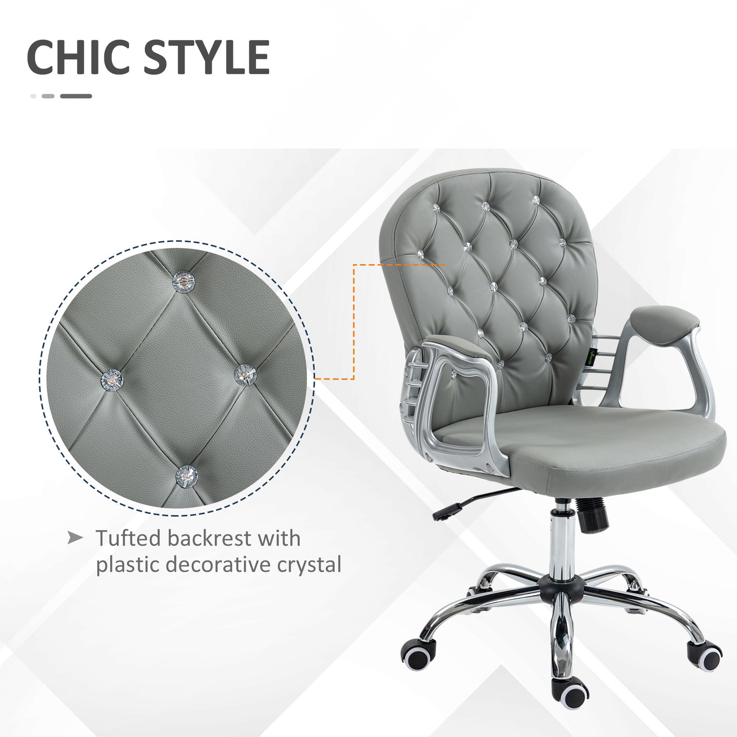 Vinsetto Retro Vintage Style Office Chair Ergonomic 360° Swivel PU Diamante Padded Base 5 Castor Wheels for Home Work Grey