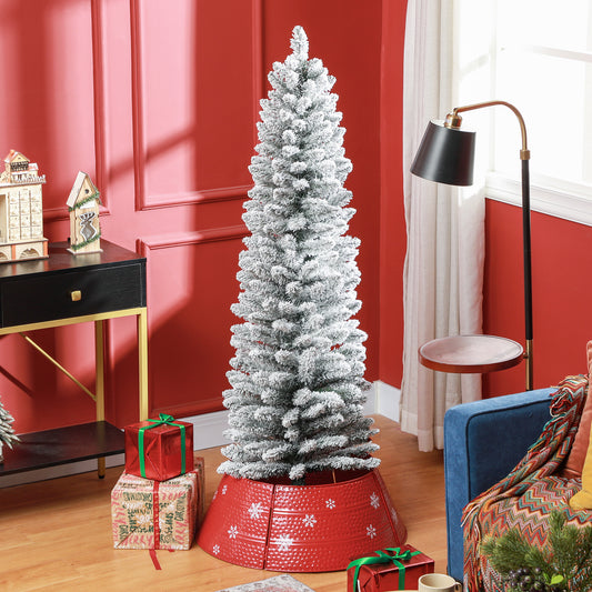 6ft Artificial Pencil Christmas Tree with 329 Snow Flocked Tips, Metal Base