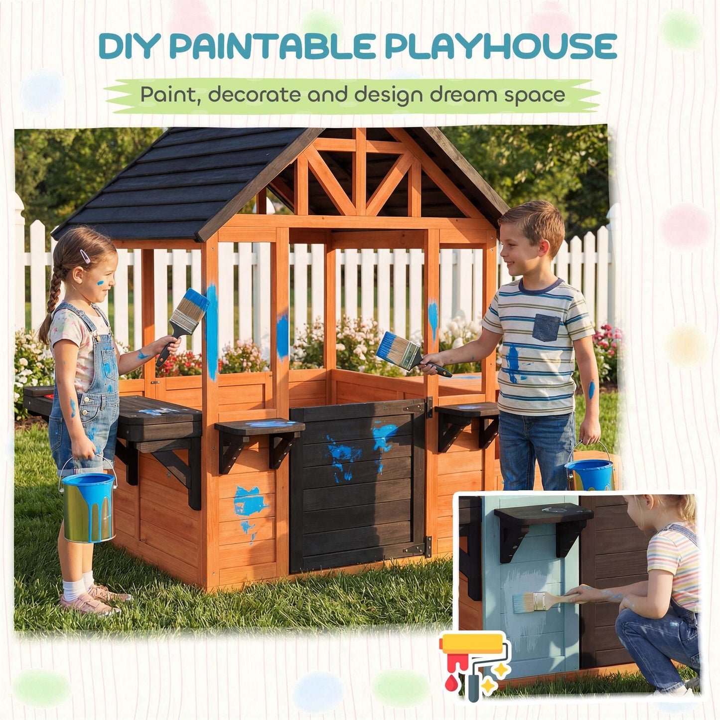 Wooden Kids Playhouse | Table & 2 Benches | Sink Basin | Flower Holders | Windows | Half-Door | 50kg | Ages 3-8 | Brown