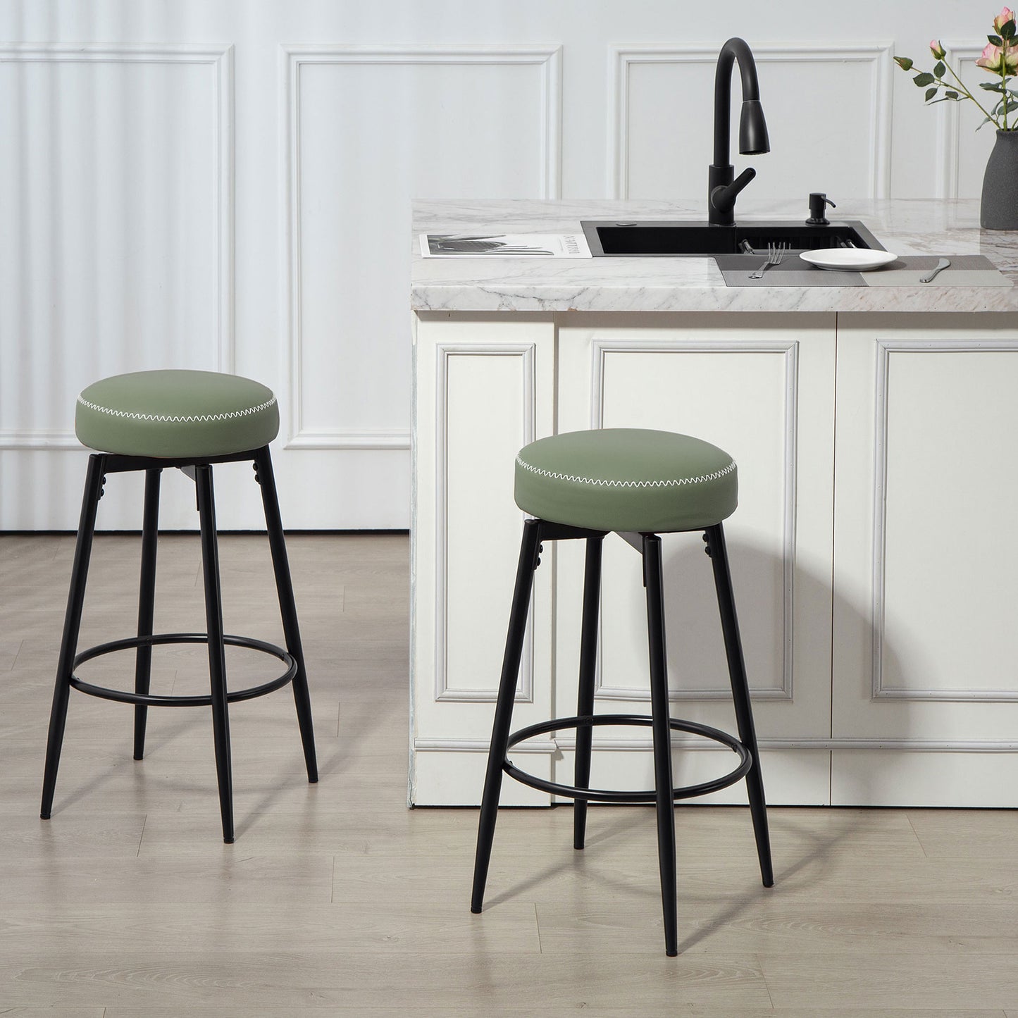 Set of Two Faux Leather Bar Stools - Green/Black - Grey/Black - Brown/Black