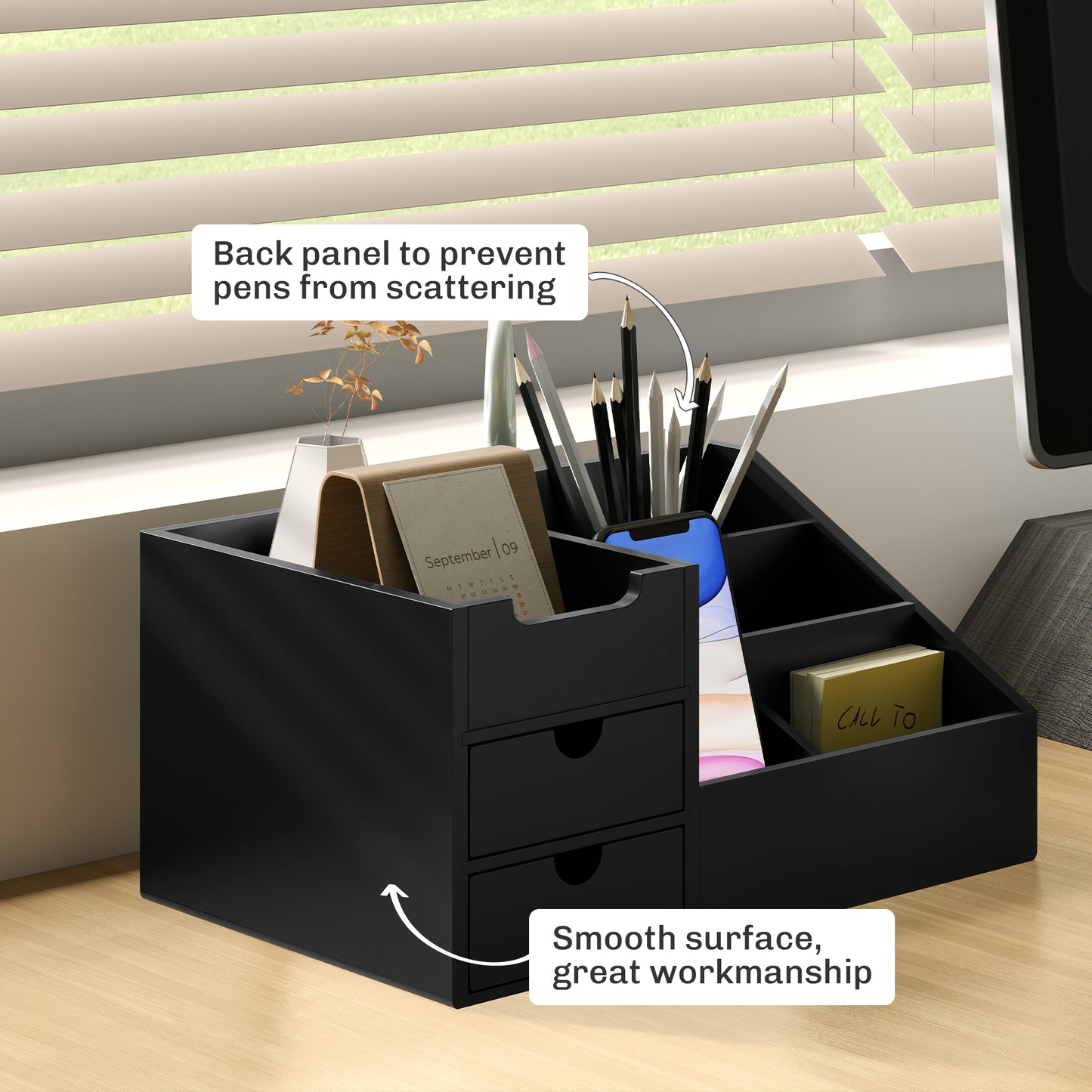 Desk Organiser Holder, Bamboo Multi-Function Storage Caddy with 7 Storage Compartments and 2 Drawers for Home Office Stationary Supplies
