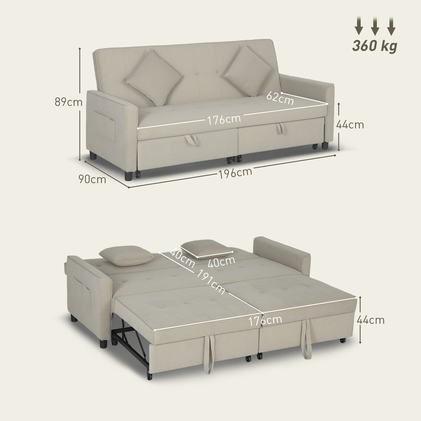 Three-Person Velvet-Feel Sofa Bed - Beige