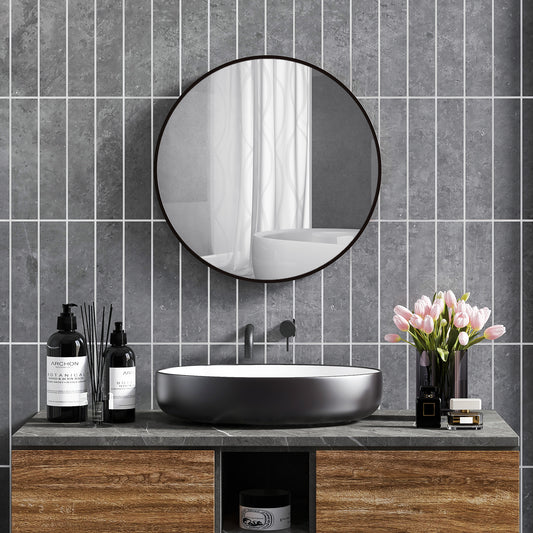 Round Bathroom Mirror, Modern Wall-mounted Vanity Mirror with Aluminium Frame and Easy Install Hook for Living Room, Entryway, 70 x 70cm, Black