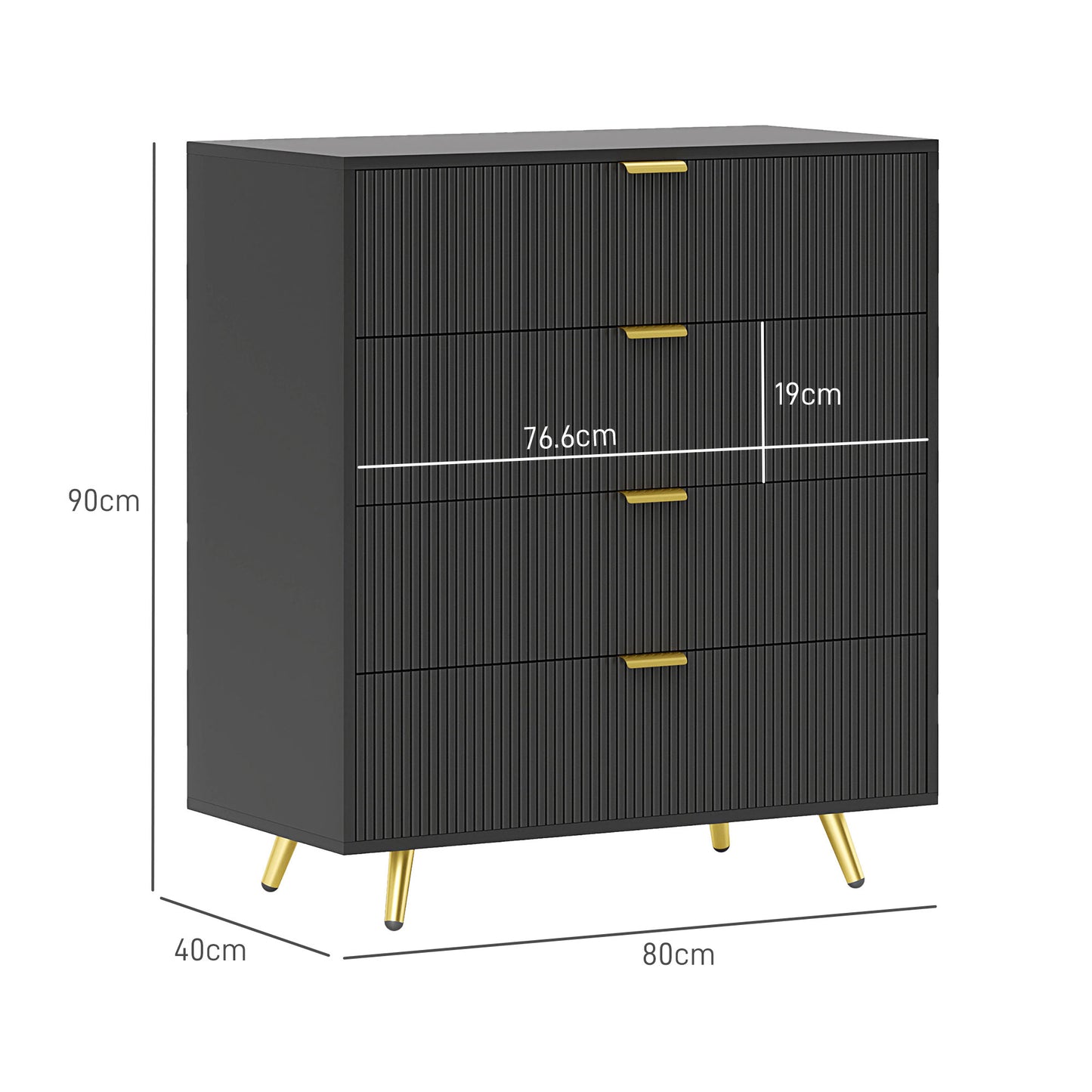 Bedroom Chest of Drawers with 4 Drawers, Fluted Dresser with Gold Tone Handles, Storage Cabinet for Bedroom, Living Room, Hallway, Entryway, Black