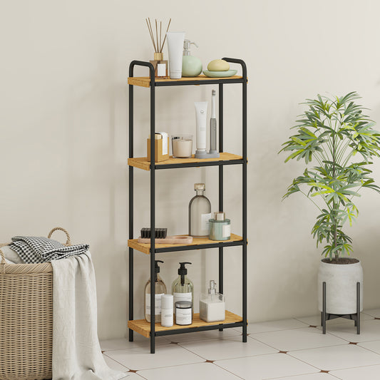 4-Tier Bamboo Bathroom Storage Shelf, Freestanding Narrow Shelving Unit with Slatted Shelves for Kitchen Bathroom Living Room, 41.5 x 21.5 x 106 cm, Natural and Black