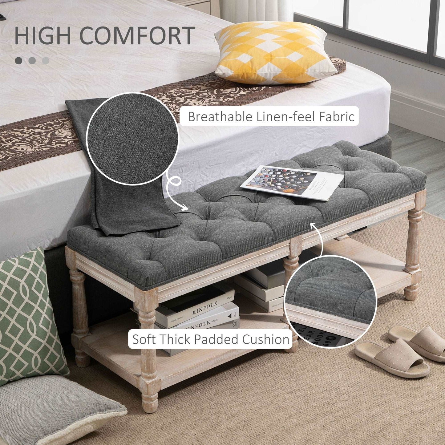 2 Tier Shoe Rack Bench with Button Tufted Upholstered Cushion, Vintage Bed End Bench, Wooden Window Seat for Hallway, Living Room, Bedroom-Grey
