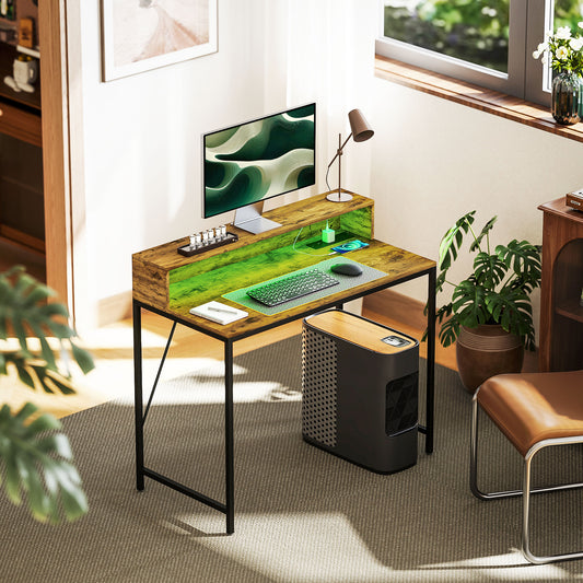 Computer Desk W/ LED Lights and Power Outlets, Gaming Desk W/ Monitor Stand, Computer Table with Remote for Home Office Study, Rustic Brown