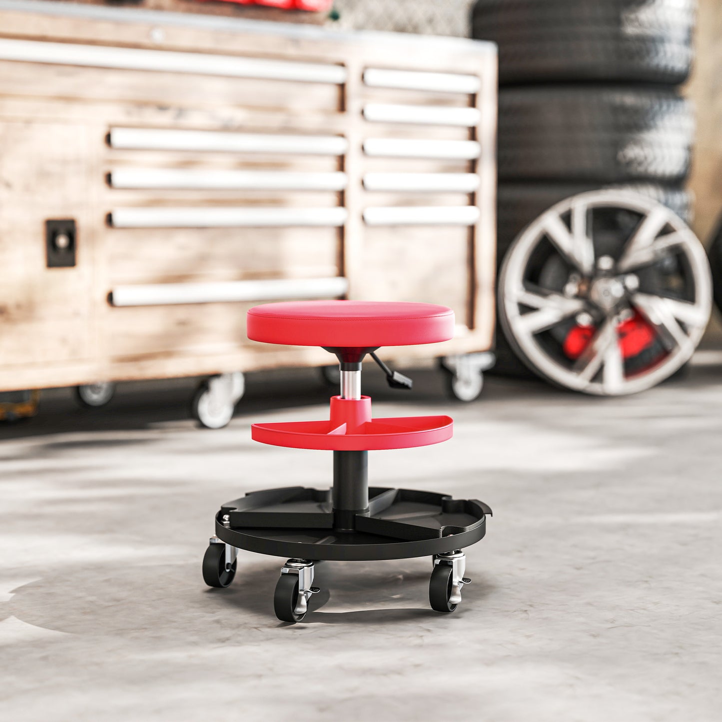Rolling Mechanic Stool, 135kg Capacity Workshop Stool, 360° Swivel Roller Padded Creeper Seat with Wheels, Tool Trays Storage for Garage, Shop, Auto Repair, Red