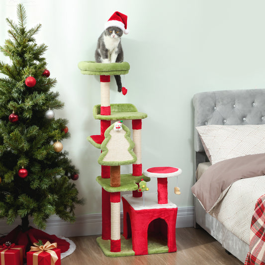PawHut Cat Tree, 120cm Christmas Cat Tower with 3 Scratching Posts, Scratching Board, 2 Perches, Platforms, Toys, Green