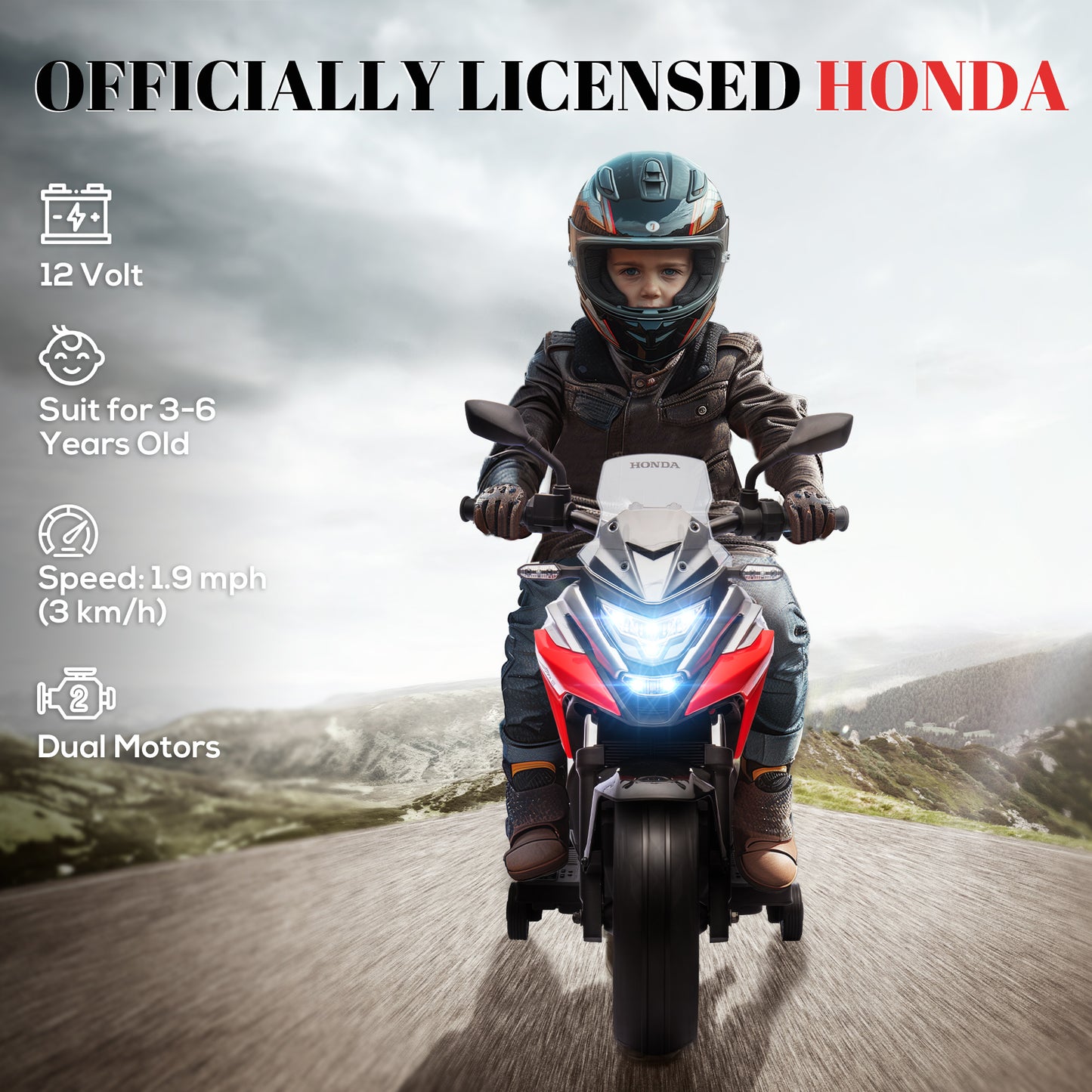 AIYAPLAY 12V Honda Licensed Kids Electric Motorbike w/ Music, Headlights, Early Education Function, for 3-6 Years