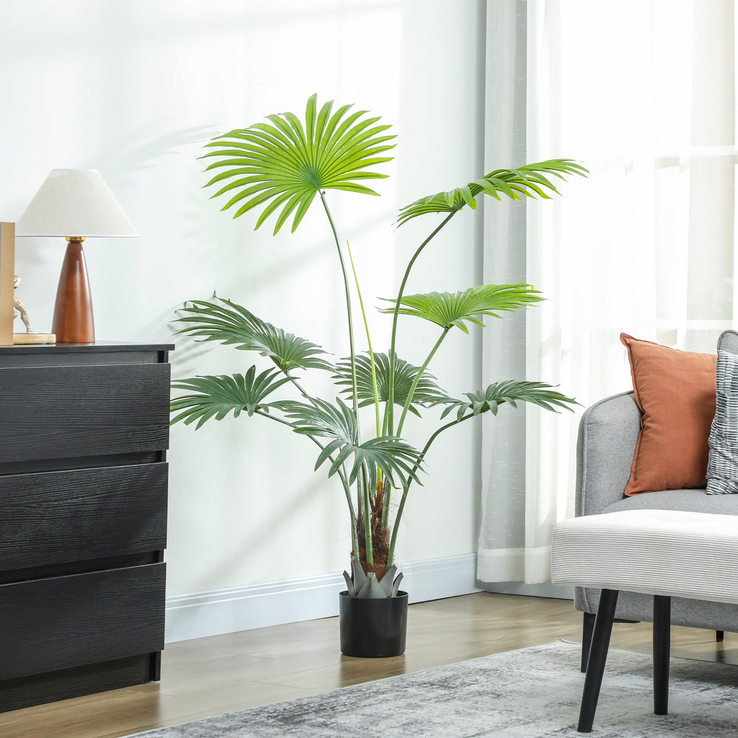 145cm Artificial Palm Tree, Decorative Artificial Plant with Lifelike PEVA Leaves and Coconut Coir, Fake Tree with Plastic Pot and Flocking
