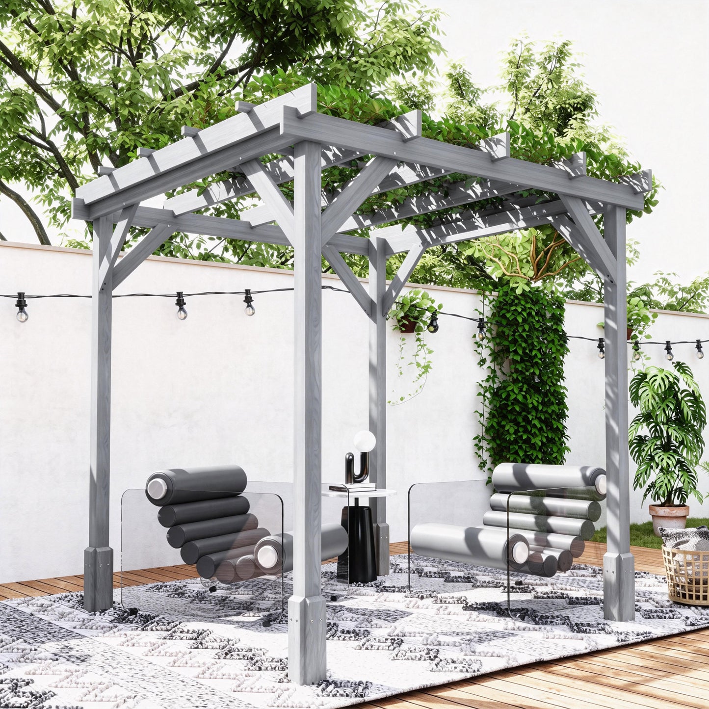 2x2m Wooden Garden Pergola | Fir Wood | Climbing Plants | Anchor Bolts | Windproof Level 6-7 | Grey