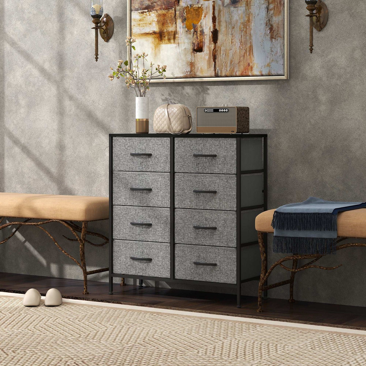 Fabric Chest of Drawers, Storage Bedroom Dresser with 8 Fabric Drawers, Steel Frame and Wooden Top for Nursery, Living Room, Hallway, Black