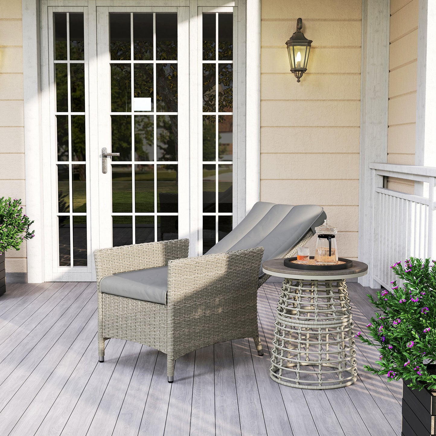 Rattan Garden Recliner Chair, Wicker Reclining Armchair with Adjustable Backrest and Cushion, Outdoor Lounge Sun Lounger with Armrests