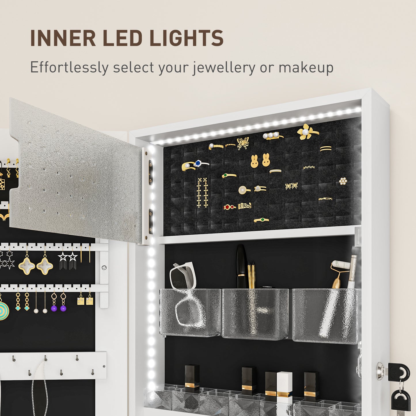 108 x 37cm Lockable Jewellery Cabinet, with LED Lights - White Surface and Black Lining