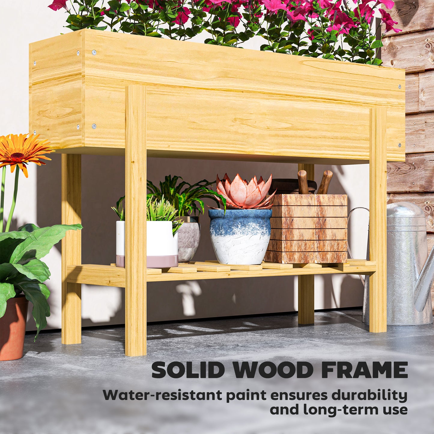 Wooden Raised Garden Bed, Elevated Planter Box with Bed Liner, Drainage Holes and Storage Shelf, Raised Planter for Vegetables, Flowers, Herbs, Natural Wood Finish