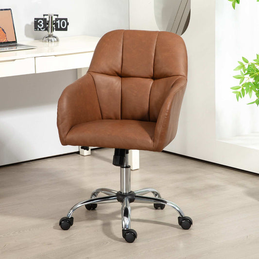 Computer Desk Chair, PU Leather Swivel Office Chair, Makeup Vanity Chair with Height Adjustable, Wheels, for Home - Brown