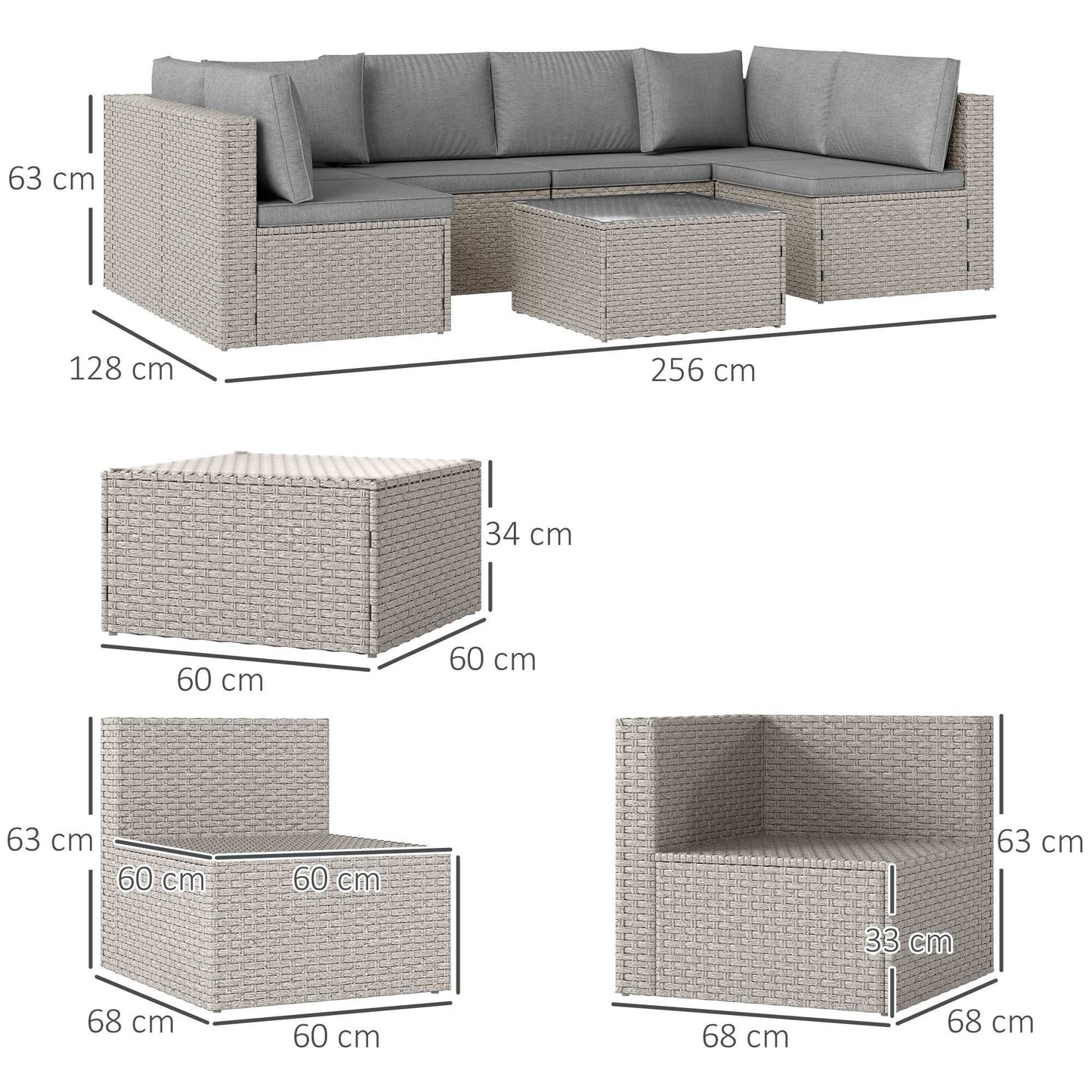 Outsunny Seven-Piece Modular Rattan Outdoor Garden Corner Furniture Set - Grey