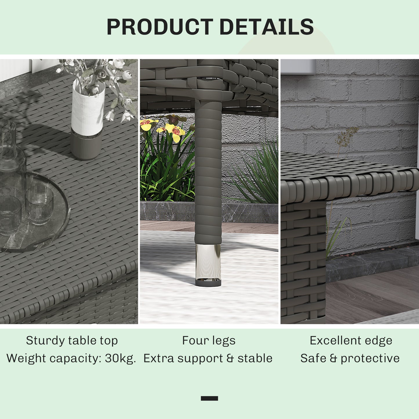 Outsunny Rattan Side Table, Outdoor Coffee Table with Plastic Board Under the Full Woven Table Top for Patio, Garden, Balcony, Grey