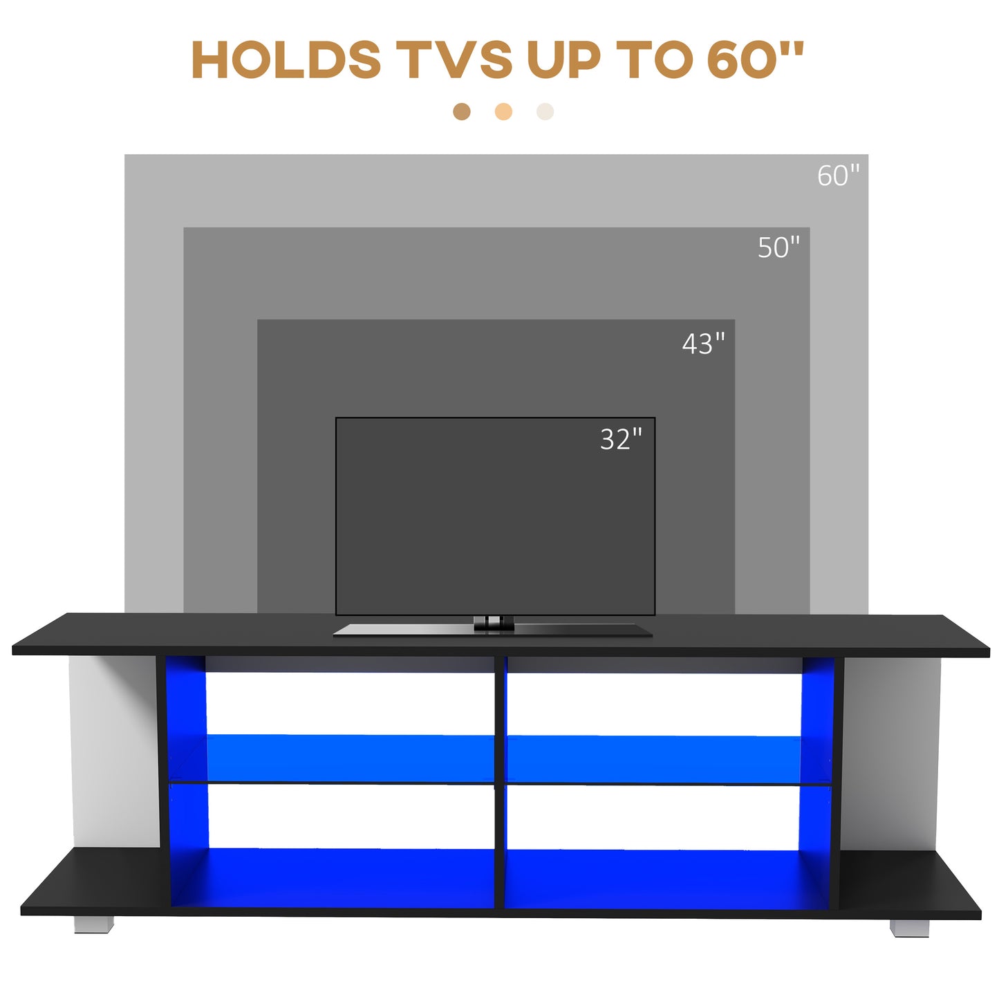 TV Stand, 145cm Modern TV Unit with Glass Shelves, RGB LED Light for 32 40 43 50 52 55 60 inch 4k TV, Black