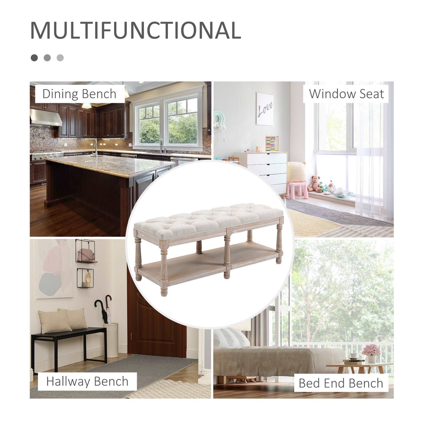 2 Tier Shoe Rack Bench with Button Tufted Upholstered Cushion, Vintage Bed End Bench, Wooden Window Seat for Hallway, Living Room, Cream White